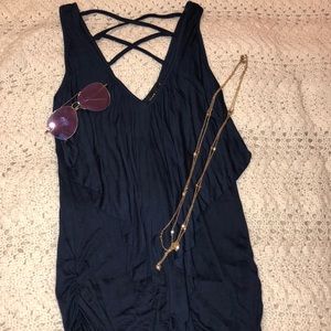 Navy blue drape front tank with criss cross back